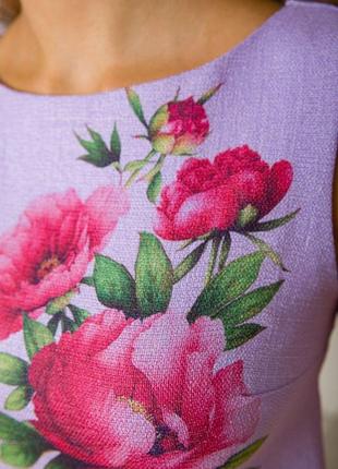 Короткое льняное платье, с цветами пионы, цвет сиреневый, 172r018-14 фото