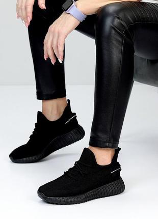 Черные женские спортивные кроссовки тканые текстильные5 фото