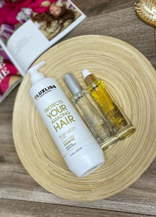 Набор для волос luxliss keratin (шампунь 500 мл + масло 50 мл +спрей 50 мл)