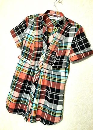 Рубашка в клеточку цветная с короткими рукавами воротник-стойка хлопок летняя женская кофточка 46 м