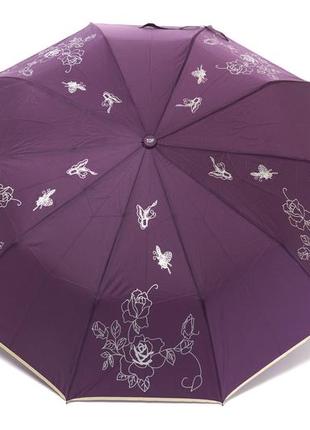 Фіолетова жіноча парасолька напівавтомат з квітами1 фото