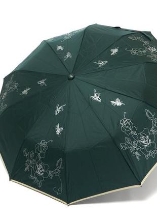 Зеленый женский зонт полуавтомат с цветами