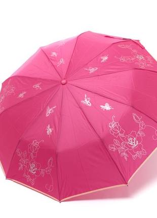 Рожева жіноча парасолька напівавтомат з квітами2 фото