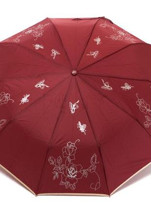 Бордовый женский зонт  полуавтомат с цветами