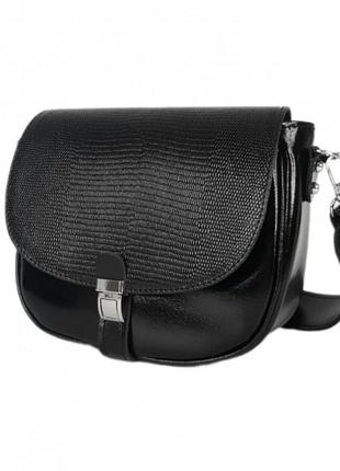 Сумка клатч, кросс-боди женская кожаная, черная с тиснением под рептилию глянец 1656