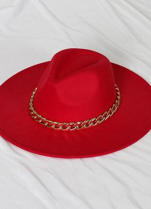 Шляпа федора унисекс с широкими полями 9,5 см golden красная1 фото