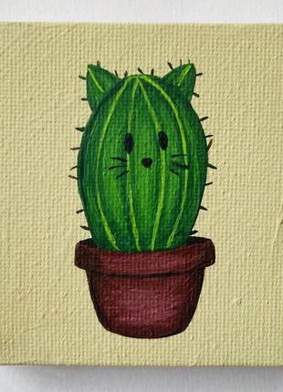Картина інтер'єрна на холсті " кіт кактус " , акрил, 20*20 см