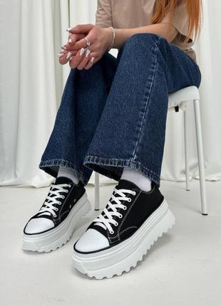 Повседневные молодежные женские кеды, натуральная кожа + текстиль на шнурках, ретро дизайн черно-белые2 фото