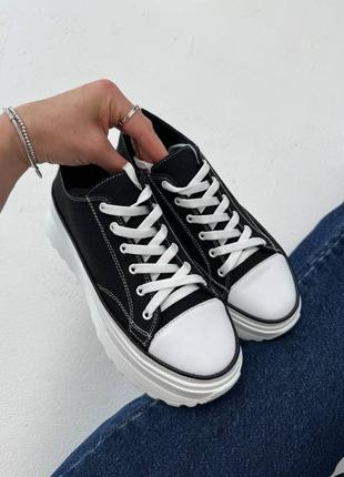 Повседневные молодежные женские кеды, натуральная кожа + текстиль на шнурках, ретро дизайн черно-белые6 фото