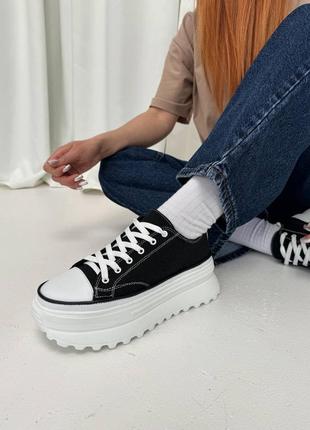 Повседневные молодежные женские кеды, натуральная кожа + текстиль на шнурках, ретро дизайн черно-белые5 фото