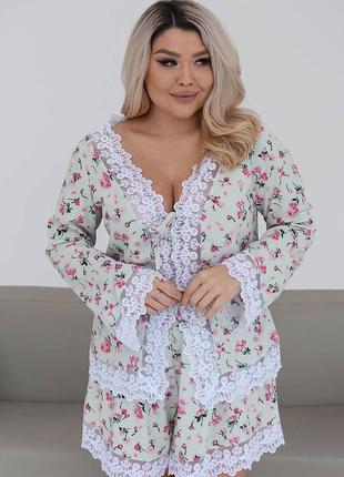 Элегантная изящная цветочная пижама с кружевом 48-58 размеров. 3421513