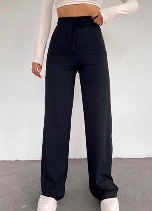 Женские трикотажные брюки в рубчик, базовые, на высокой посадке, широкие, брюки палаццо2 фото