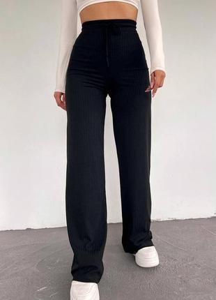 Женские трикотажные брюки в рубчик, базовые, на высокой посадке, широкие, брюки палаццо4 фото