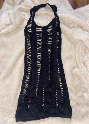 Сеткое платье на купальник ажурная через шею в крупную дырку черная 🔥🔥🔥тренд2 фото