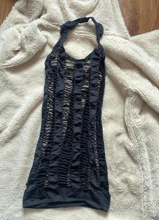 Сеткое платье на купальник ажурная через шею в крупную дырку черная 🔥🔥🔥тренд10 фото