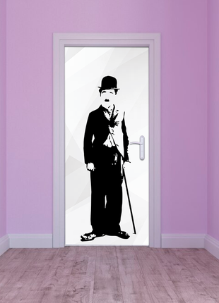 Вінілова самоклейна кольорова декоративна наклейка на двері "чарлі чаплін із тростиною"