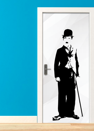 Вінілова самоклейна кольорова декоративна наклейка на двері "чарлі чаплін із тростиною"2 фото
