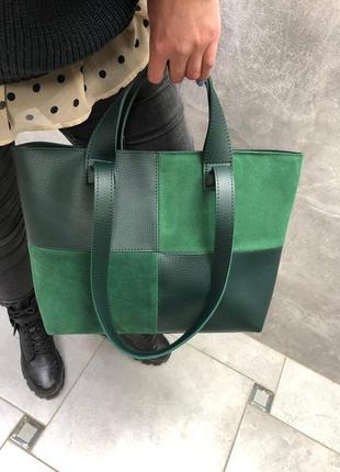 Елегантна жіноча сумка шопер на плече зелена замш велика шкіряна сумка жіноча (екошкіра) 0495