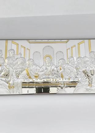Срібний образ таємна вечеря з ісуса з апосталами на дерев'яній основі 38,5смх18,5см  свята вечеря1 фото