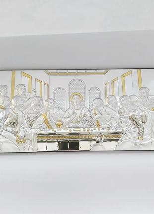 Срібний образ таємна вечеря з ісуса з апосталами на дерев'яній основі 38,5смх18,5см  свята вечеря2 фото