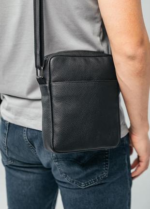 Мужская сумка барсетка из натуральной кожи черная на плечо, кожаная сумка мужская для телефона вещей кошелька5 фото