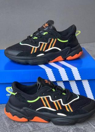 Женские кроссовки черные с оранжевым и зеленым adidas ozweego black orange green