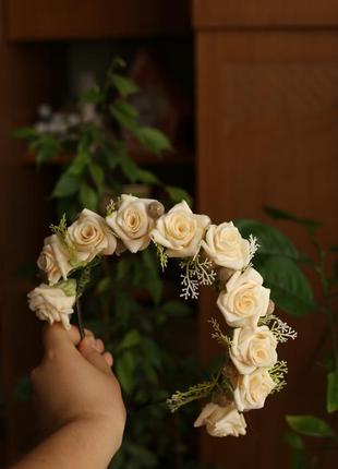 Обруч обідок вінок з кремових троянд ручної роботи2 фото