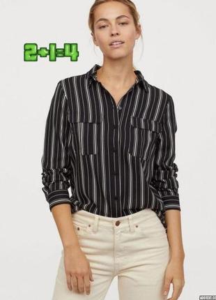💝2+1=4 базовая черная блуза рубашка в белую полоску с карманами на груди h&amp;m, размер 44 - 463 фото