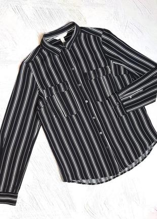 💝2+1=4 базова чорна блуза сорочка в білу смужку з кишенями на грудях h&m, розмір 44 - 46