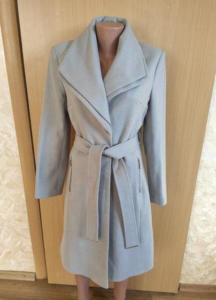 Серое классическое пальто двубортное длинное миди с поясом new look5 фото