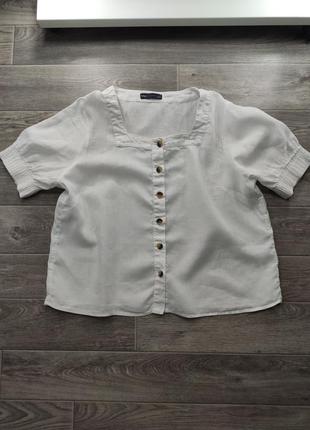 Льняная рубашка с квадратным вырезом и короткими рукавами1 фото