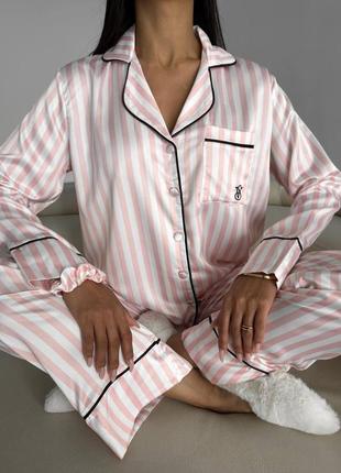 Піжама жіноча victoria's secret сорочка та штани шовк сатин domino рожевий