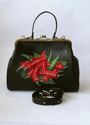 Кожаная сумка, эксклюзивная сумка, сумка с бисерной вышивкой6 фото