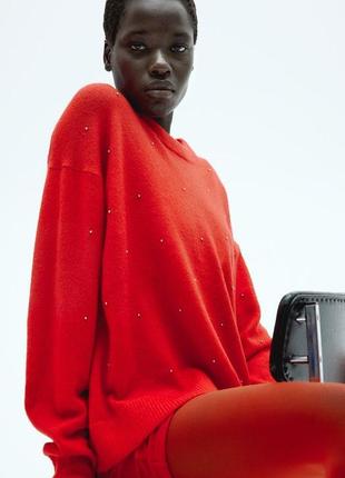 Красный укороченный шерстяной вязаный свитер с бусинами h&m кофта джемпер5 фото