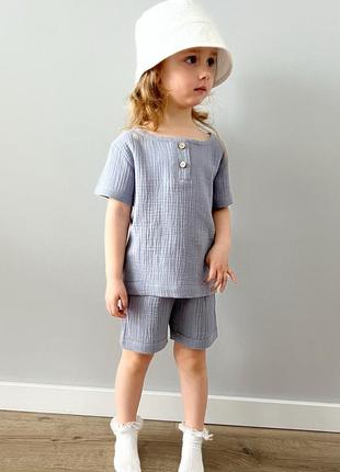 Муслиновый костюмчик футболка + шорты + панамка