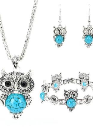 Комплект в форме совы owl с черным камнем подвеска серьги браслет кулон набор сова