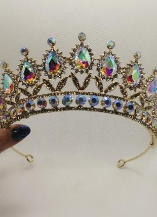 Диадема корона тиара под золото с синими камнями