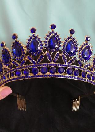 Діадема корона тіара під золото з синіми камінцями