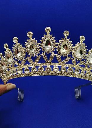 Диадема корона тиара под золото с синими камнями