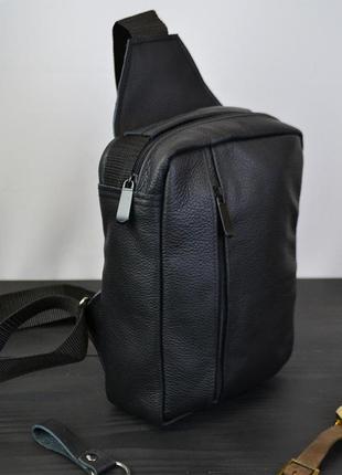 Сумка мужская - кожаная, нагрудная сумка слинг кожаная черная на 3 кармана, мужская сумка на грудь6 фото