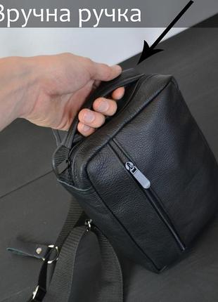 Сумка мужская - кожаная, нагрудная сумка слинг кожаная черная на 3 кармана, мужская сумка на грудь8 фото