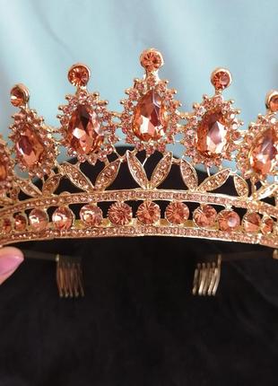 Диадема корона под золото с розовыми камнями