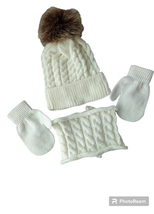 Новый детский комплект! детская белая шапка и шарф снуд рукавички