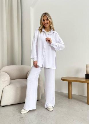 Стильний легкий літній брючний прогулянковий костюм жіночий однотонний двійка штани з сорочкою тканина креп жатка4 фото