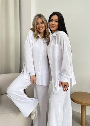 Стильний легкий літній брючний прогулянковий костюм жіночий однотонний двійка штани з сорочкою тканина креп жатка9 фото