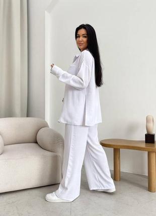 Стильний легкий літній брючний прогулянковий костюм жіночий однотонний двійка штани з сорочкою тканина креп жатка7 фото