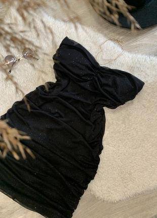 Черное платье с чашечками без бретель с драпировкой блестящая с сиянием вечернее платье сексуальное7 фото