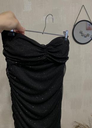 Черное платье с чашечками без бретель с драпировкой блестящая с сиянием вечернее платье сексуальное5 фото