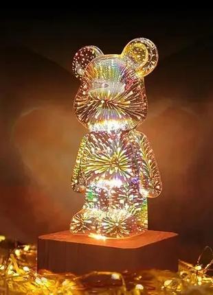 Світильник-нічник ведмедик teddy bear / атмосферна 3d лампа феєрверк з дерев'яною основою4 фото