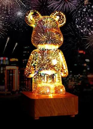 Світильник-нічник ведмедик teddy bear / атмосферна 3d лампа феєрверк з дерев'яною основою1 фото